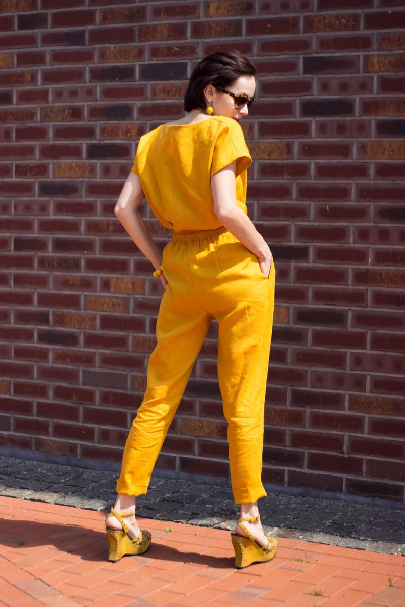 Linen Womens Jumpsuit,Yellow Linen Romper,Loose Jumpsuit Pockets,Belted Womens Suit Set,Loose Organic Overalls,Linen Short Sleeve Jumpsuit image 7
