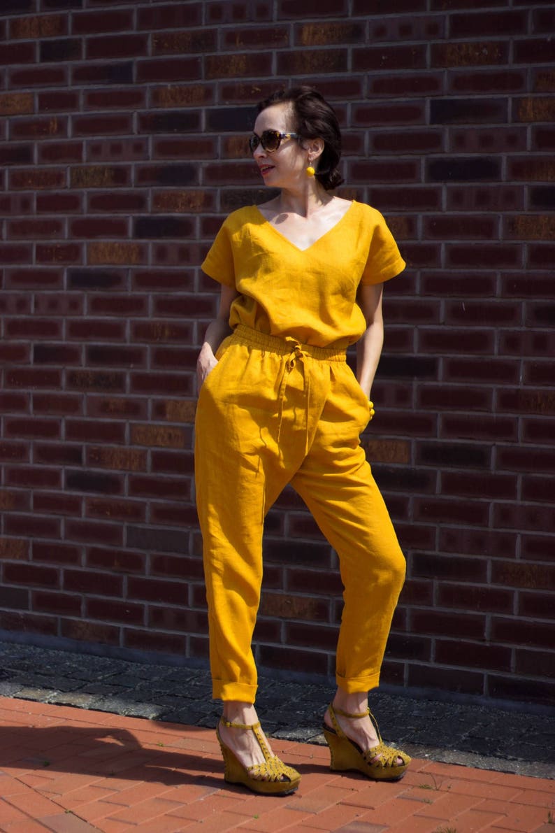 Linen Womens Jumpsuit,Yellow Linen Romper,Loose Jumpsuit Pockets,Belted Womens Suit Set,Loose Organic Overalls,Linen Short Sleeve Jumpsuit image 1
