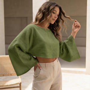 Linen Crop Top Women, Linen Crop Blouse, White Linen Crop Top,Long Sleeve Linen Top,Custom Size Linen Top,Linen Summer Blouse,Minimalist Top