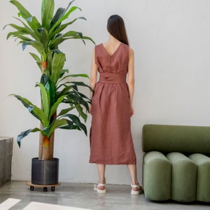 Linen maxi dress with pockets, Linen long dress, Linen dress with belt, Linen summer dresses for women, Obi belt dress, Linen tank dress image 3