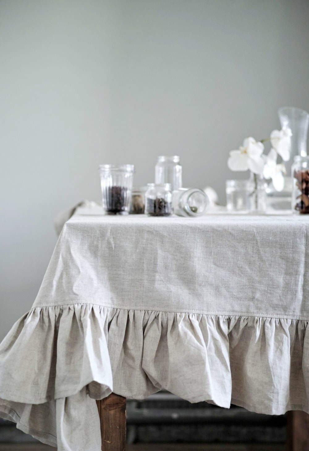 Ruffled Tablecloth Round Linen Small Ruffle Gray 90 Inch
