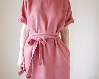 Linen Midi dress,Pink Linen dress,Linen Womens dress,Linen Organic dress,Linen Short Sleeve dress,Linen Belted dress,Linen Womens Wrap dress