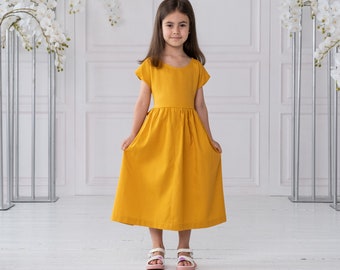 Yellow girl dress, Pinafore dress girls, Linen girl dress, Linen dress for baby girl, Linen flower girl dress, Minimalist dress,Summer dress