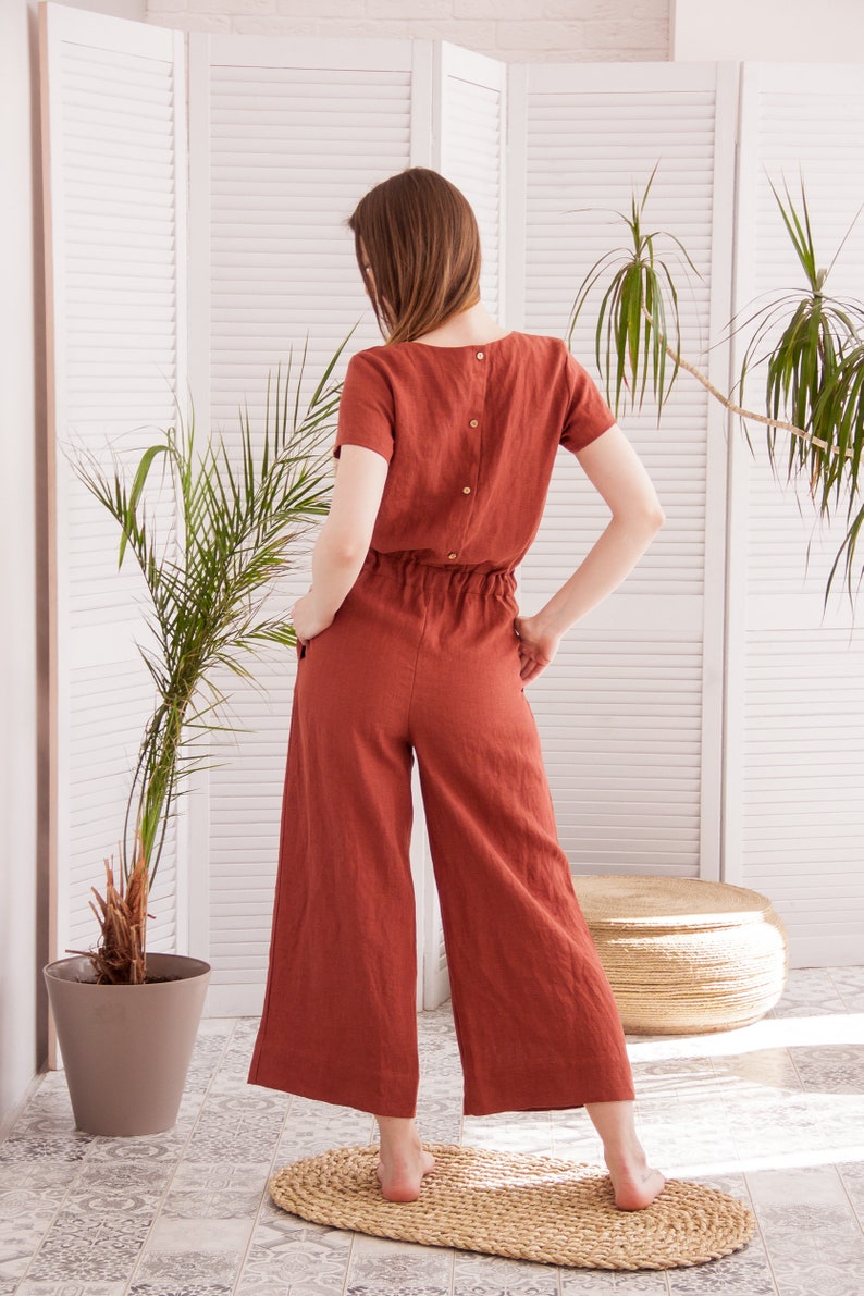 Short sleeve jumpsuit, Wide leg jumpsuit, Linen overalls women, Summer jumpsuit, Belted jumpsuit, Cropped jumpsuit, Linen jumpsuit women image 2