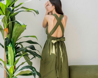 Linen pinafore dress, Linen overall dress, Linen dress sleeveless, Linen apron dress with pockets, Fit and flare dress, Linen sundress