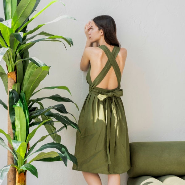 Linen pinafore dress, Linen overall dress, Linen dress sleeveless, Linen apron dress with pockets, Fit and flare dress, Linen sundress