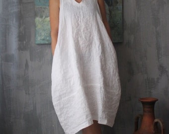 Linen Midi dress with Straps,White linen Womens dress,Linen Organic dress,Linen Oversized dress,Linen dress Pockets,Linen Sleeveless dress