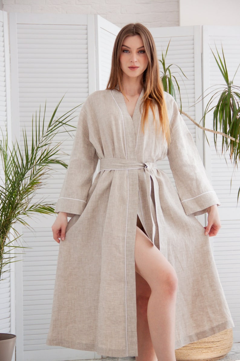 Natural washed Linen bathrobe, Long linen barthrobe, Linen robe with pockets, Linen kimono robe, Oversized linen robe, Plus size linen robe image 1