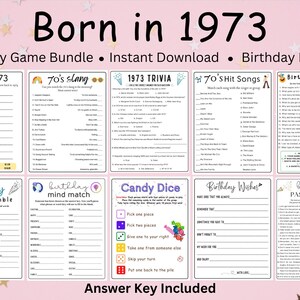 Op de afbeelding: Een set van 20 printbare partygames voor een verjaardagsfeest in 1973. De spellen omvatten een woordenscramble, mind match, candy dice, verjaardagswensen en pass the gift. De spellen zijn ontworpen in een roze en witte kleurstelling met een retro jaren 70-thema.