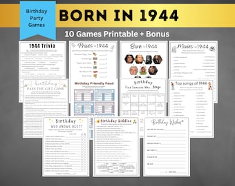 Könnte beinhalten: Ein Satz von 10 druckbaren Geburtstagsspielen für Personen, die 1944 geboren wurden. Die Spiele beinhalten Quiz, Bingo, ein Geschenkspiel, eine Fehde und mehr. Die Spiele sind in Schwarzweiß mit goldenen Akzenten.