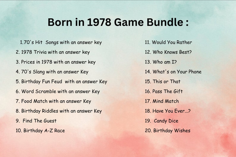 Born in 1978 Game Bundle PRINTABLE 45th Birthday Party Game 46th Birthday Sign 1978 Birthday
