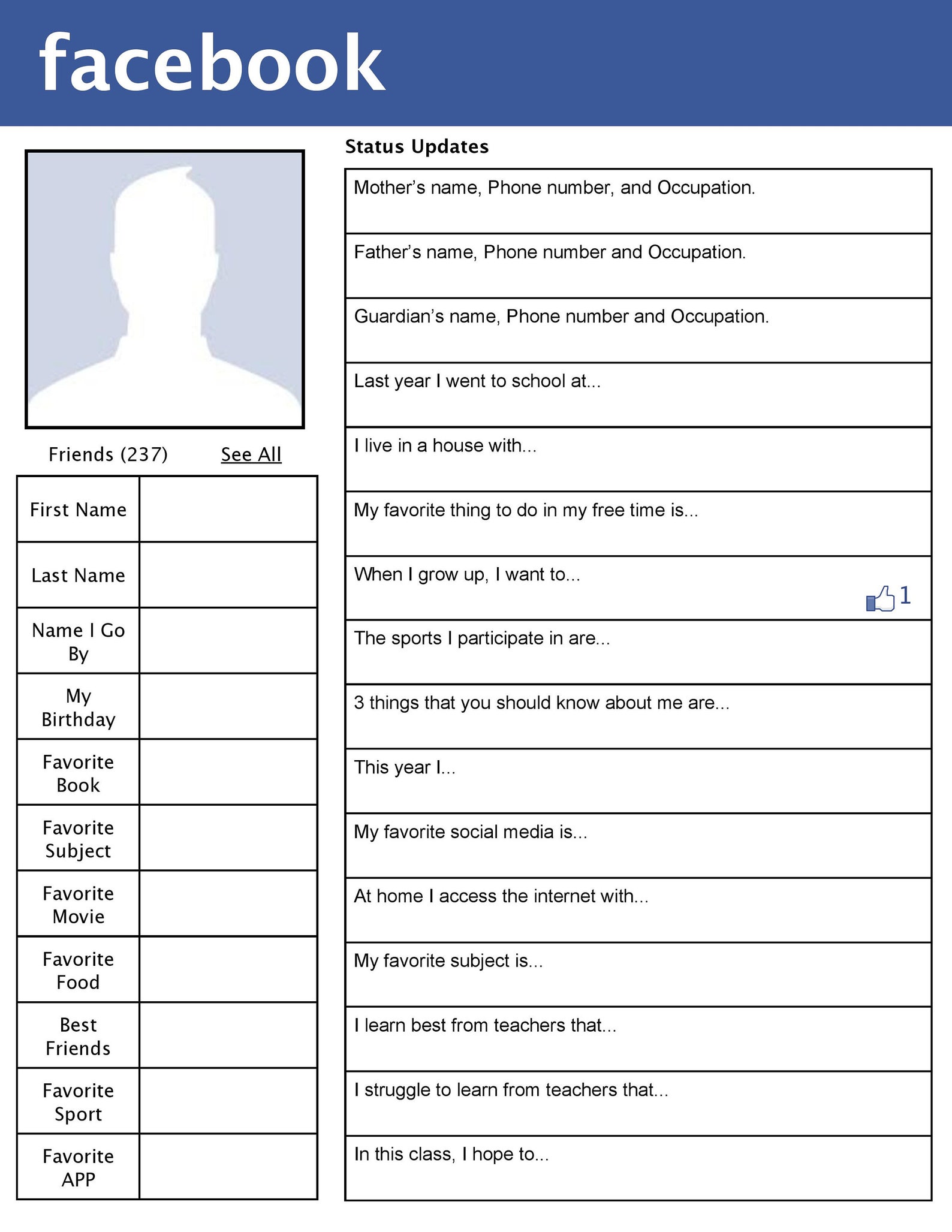 Facebook Fakebook Profile Writing Template. Educational Etsy Facebook Fakebook Profile Writing Template. Educational Etsy