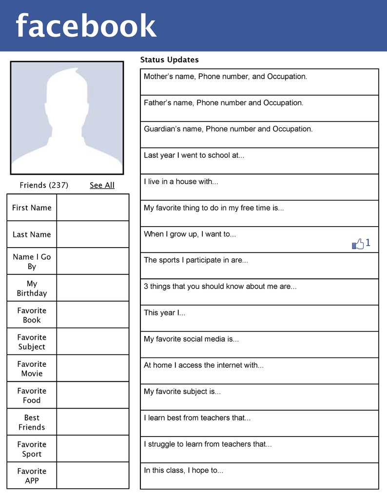 Facebook Fakebook Profile Writing Template. Educational | Etsy