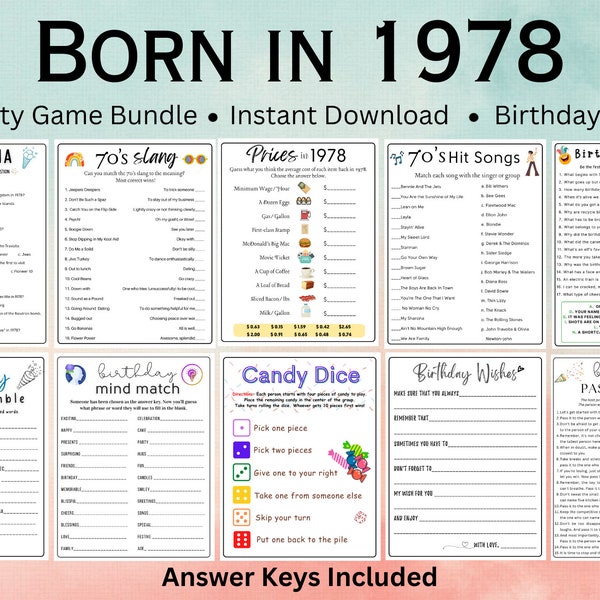 20 Born in 1978 Game Bundle | PRINTABLE 45th Birthday Party Game | 45th Birthday Sign | 1978 Birthday | 45th Birthday Party Game for Adults