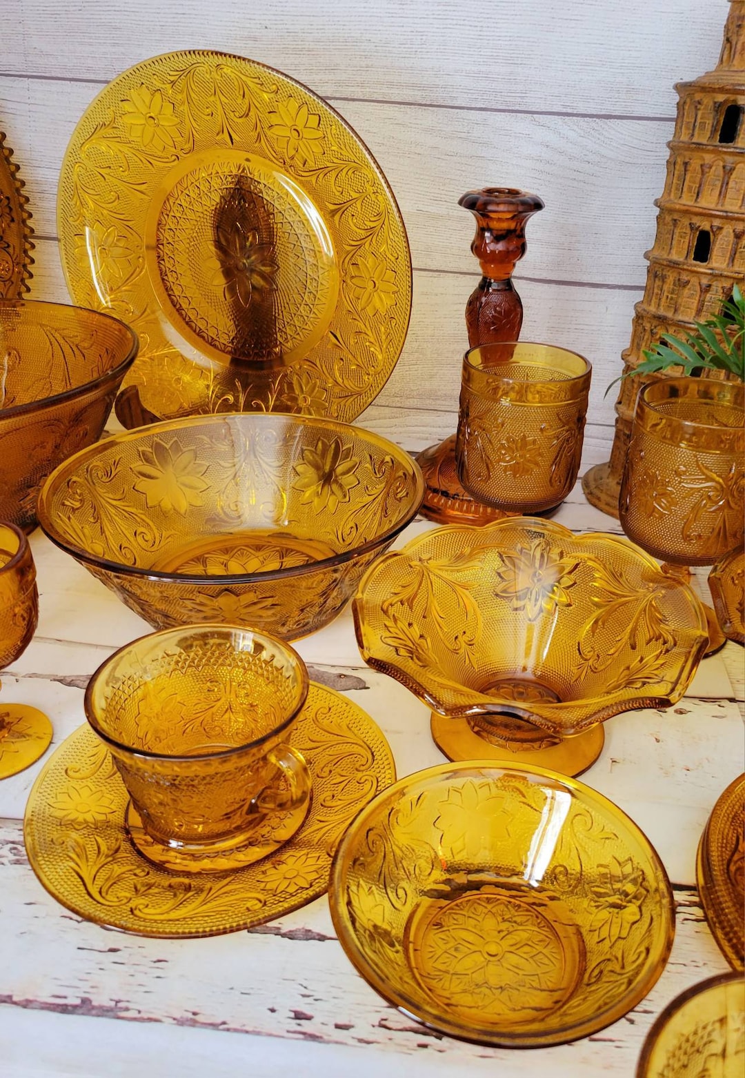 Vintage Indiana Amber tiara Daisy Dishes Etsy