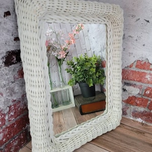 Vintage white wicker square-shaped wall mirror