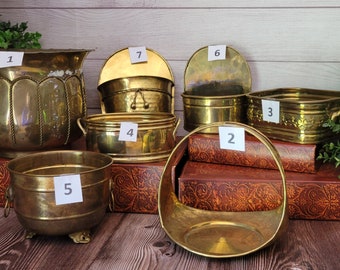 Vintage variety of brass planters. Table and hanging styles.