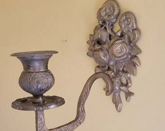 Vintage ornate wall-mount single-arm brass taper candlestick holder