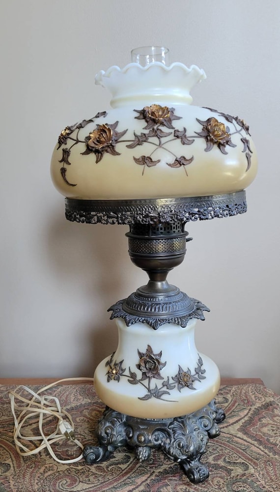 Vintage Large Hurricaine Lamp With Applied Metal Flowers. - Etsy