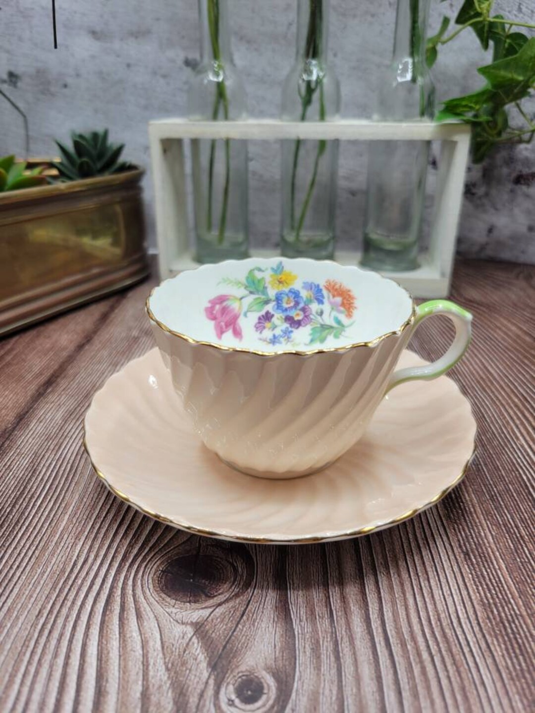 Vintage Ansley Peach Tea Cup and Saucer With Flowers Etsy