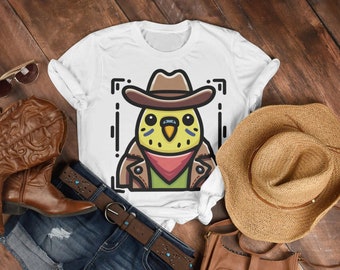 Bird Cowboy tshirt, Cute Parakeet Graphic shirt, Bird Lover Western Shirt, Pet Budgie Outlaw Tee, Seed Slinger, Unisex Adult top, BRB1AA