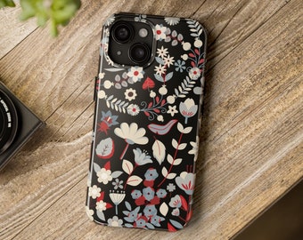 Aesthetic iPhone Case, Floral Patterned iPhone Case, Vintage Blossom & Leaf Chic Phone Case, Red Flower Protective Tough Phone Cases