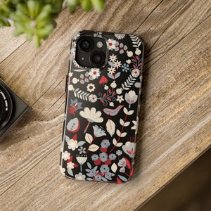 Aesthetic iPhone Case, Floral Patterned iPhone Case, Vintage Blossom & Leaf Chic Phone Case, Red Flower Protective Tough Phone Cases image 1
