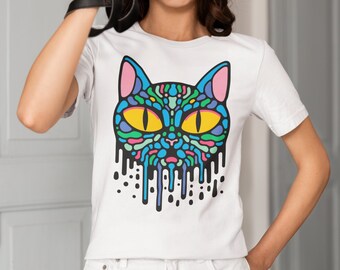 Camiseta de gato psicodélico, camiseta de limo colorido, camisa gráfica Cat Ooze, camiseta para adultos de gato derretido, camisa de mujer gato estilo callejero vibrante CAT1AA