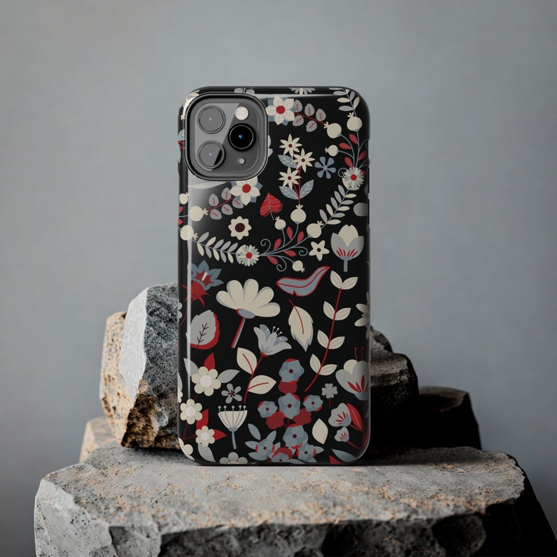 Aesthetic iPhone Case, Floral Patterned iPhone Case, Vintage Blossom & Leaf Chic Phone Case, Red Flower Protective Tough Phone Cases image 3