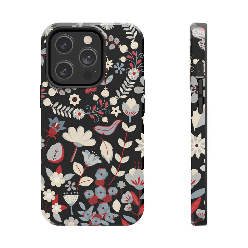 Aesthetic iPhone Case, Floral Patterned iPhone Case, Vintage Blossom & Leaf Chic Phone Case, Red Flower Protective Tough Phone Cases image 4