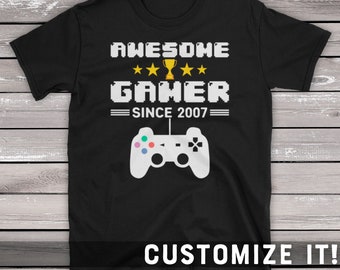 Customize It, Awesome Gamer Since 2007 T-Shirt, Adult or Kids Birthday Party Gift, Retro Pixel Gaming Tee, Video Game Player Quote TShirt