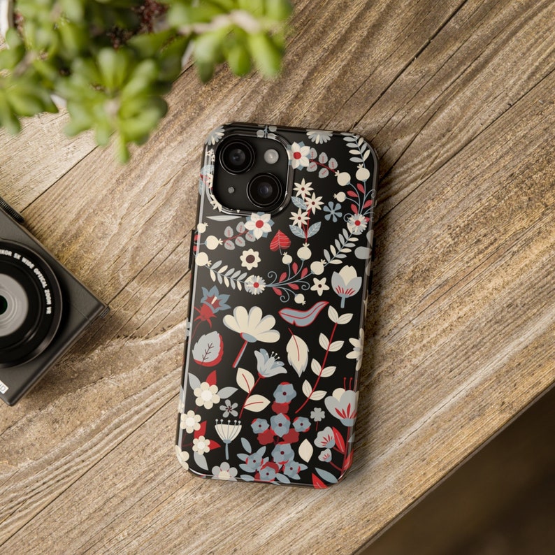 Aesthetic iPhone Case, Floral Patterned iPhone Case, Vintage Blossom & Leaf Chic Phone Case, Red Flower Protective Tough Phone Cases image 1