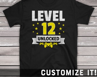 Custom Level 12 Unlocked T-Shirt Gamer Birthday Shirt 12th Birthday Party Shirt Gift For Gamer Vintage Gamer Short-Sleeve Unisex T-Shirt