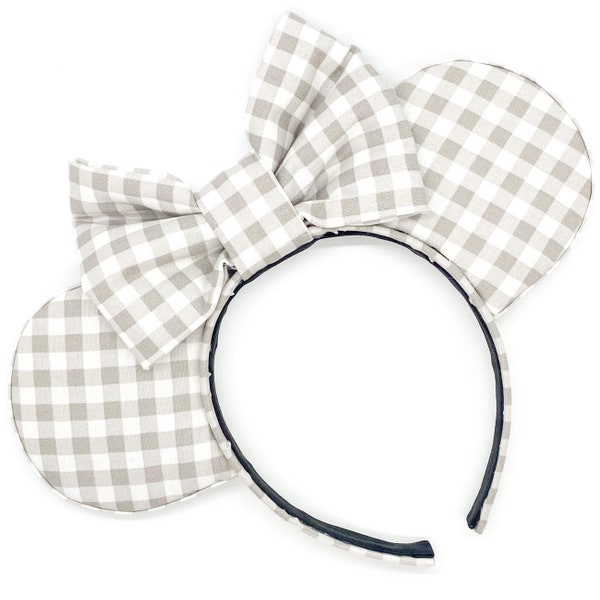 Gray Gingham Mouse Ears With Bow