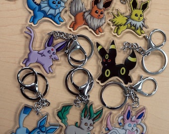 Cute Eeveelution Clear Double Sided Keychains or 65cm Necklace- Eevee, Jolteon, Flareon Vaporeon, Espeon, Umbreon, Glaceon, Leafeon, Sylveon