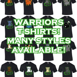 Op de afbeelding: Een verzameling van 12 zwarte T-shirts met verschillende cartoonkatten en de tekst "WARRIORS T-SHIRTS! MANY STYLES AVAILABLE!" in groene letters.