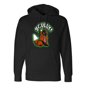 May include: Black hooded sweatshirt with a graphic of a cartoon fox wearing a tie and yelling "SCULLY!"