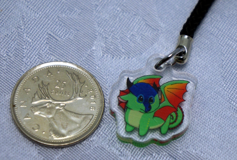 May include: A clear plastic charm with a cartoon dragon design. The dragon is green with blue and red accents. The charm is attached to a black cord.