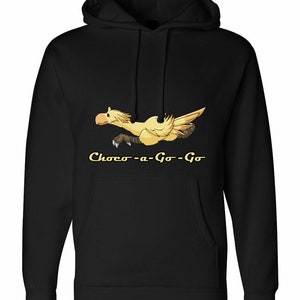May include: Black hooded sweatshirt featuring a yellow cartoon Chocobo flying and the text "Choco-a-Go-Go" in yellow.