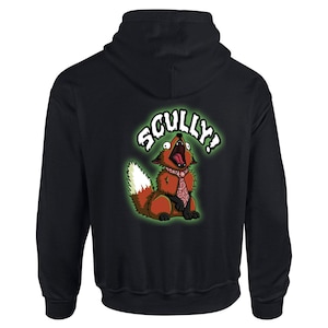 May include: Black hooded sweatshirt with a green and red fox graphic and the text "SCULLY!" printed on the back.