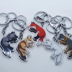 Jumping Fox Clear Acrylic 2 inch Keychain or 65 cm Necklace- Arctic, Red and Grey Fox