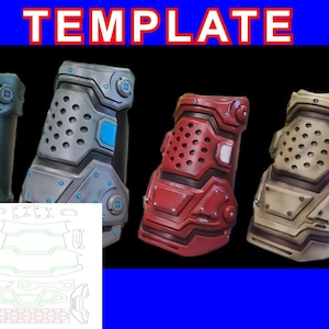 May include: Four different colored 3D printed forearm guards with a template for making them. The guards are in green, gray, red, and tan.