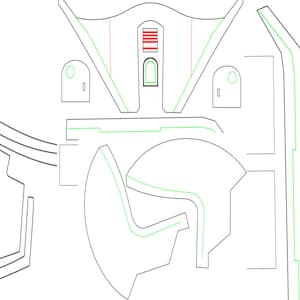 Puede incluir: Un dibujo en blanco y negro de un diseño de casco con acentos verdes y rojos. El diseño incluye un casco grande y redondeado con una visera, un casco más pequeño con una visera y una pieza rectangular con una serie de líneas.