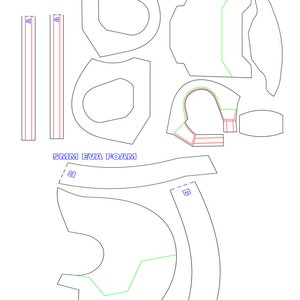 May include: A pattern for a costume or prop made from EVA foam. The pattern includes pieces labeled A and B, and includes instructions for using 3mm and 5mm thick foam.