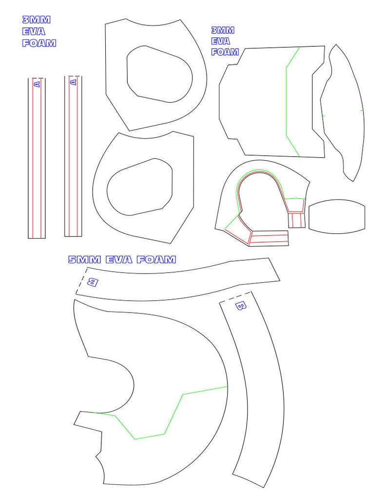 May include: A pattern for a costume or prop made from EVA foam. The pattern includes pieces labeled A and B, and includes instructions for using 3mm and 5mm thick foam.