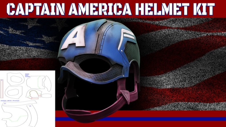 May include: Captain America helmet kit with a blue, white, and red helmet and a template for building the helmet. The helmet has a red, white, and blue star on the front.