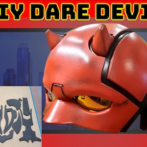May include: DIY Dare Devil helmet costume project. Red and black helmet with horns and a black eye mask. The helmet is made from foam and is ready to be painted. The image also shows the foam pieces that make up the helmet.
