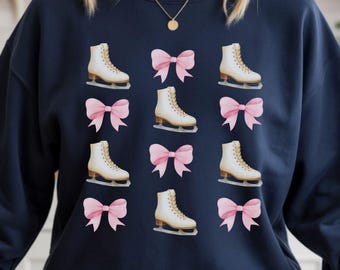 Ice Skates and Pink Bows Sweatshirt, Figure Skate Coquette Pattern Crewneck, Milano Cortina