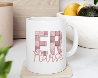Pink Patchwork ER Nurse Mug, Emergency Nurse Ceramic Coffee Cup,  (11oz  or )15oz