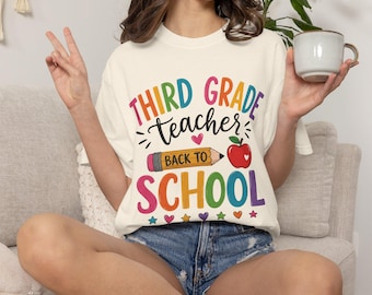 Third Grade Teacher Back to School T-Shirt | Colorful Apple Pencil Design